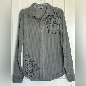 POP ICON Gray Pinstripe Button-Down Shirt with Script Flourish